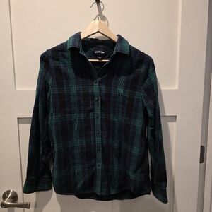 Lands' End Women's Flannel Button-Down Shirt Plaid Green Blue Size 8